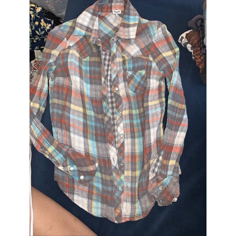 SPLENDID Plaid‎ Cotton Pearl Button Front Long Sleeve Shirt  Plaid S